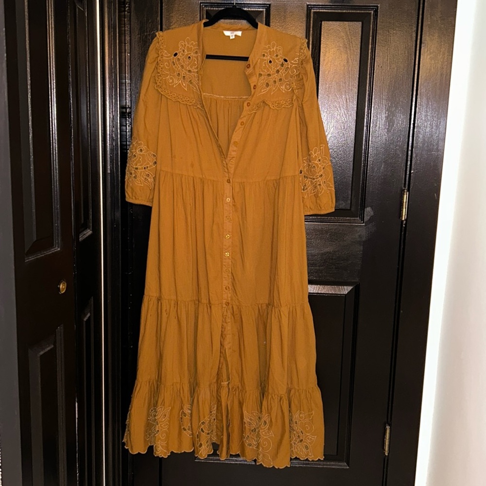 Chocolate brown maxi dress embroidery size 40 FR